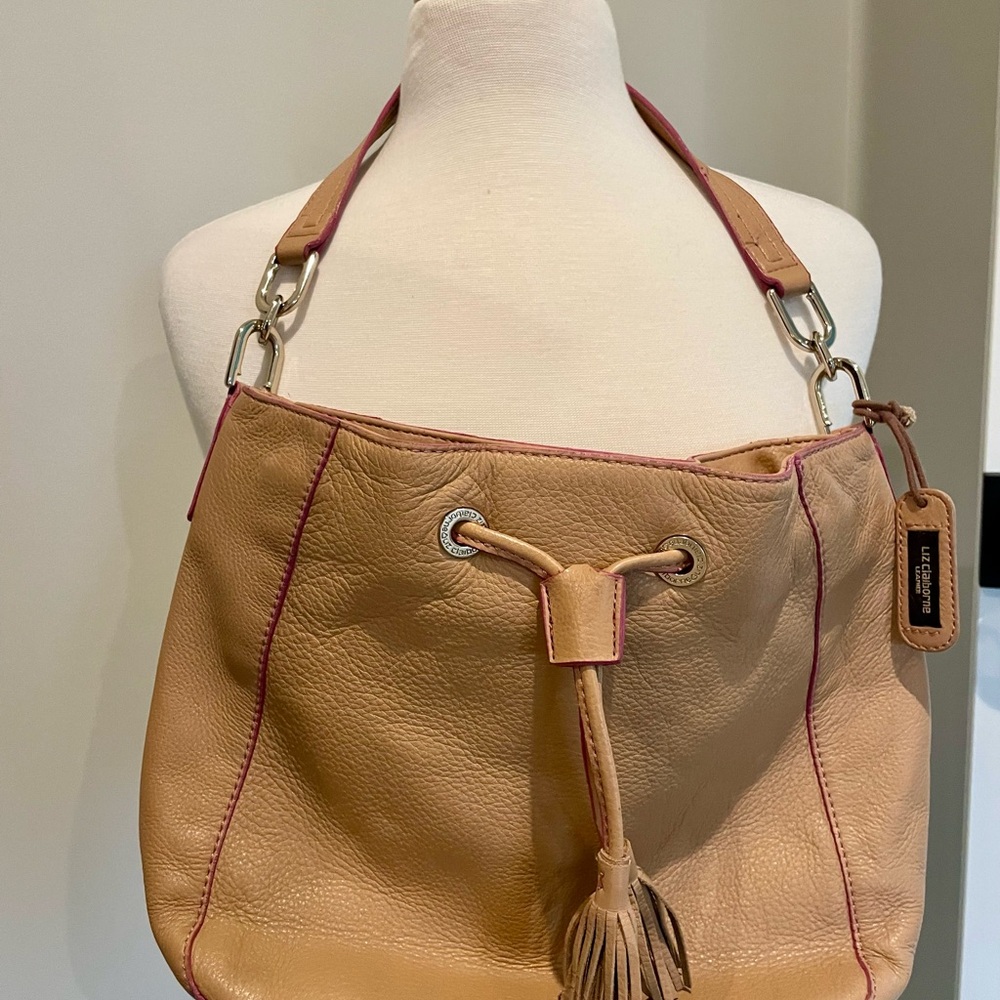 Tan Slouchy Leather Shoulder Bag with Drawstring Closure